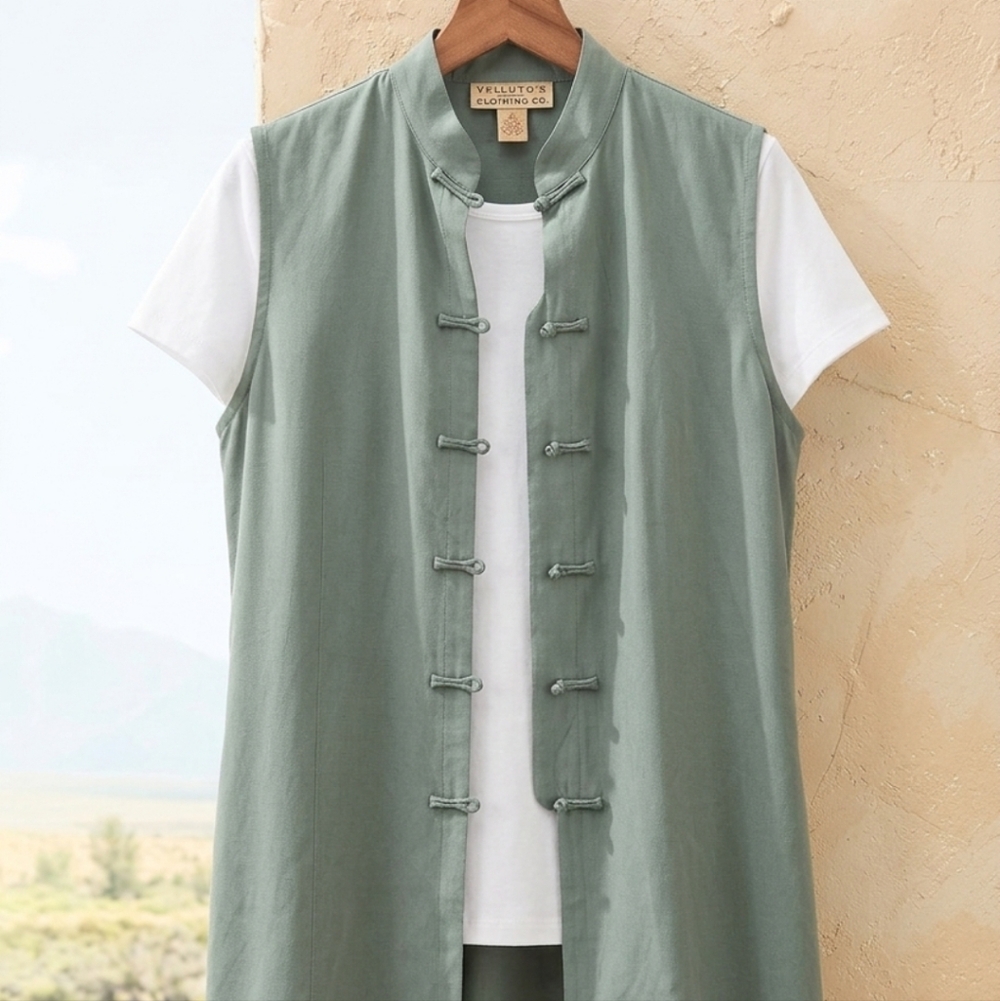 TELLURIDE 100% Silk Popover Vest Sleeveless Blouse Button-Up Top in Sage Green 8 - Picture 6 of 8